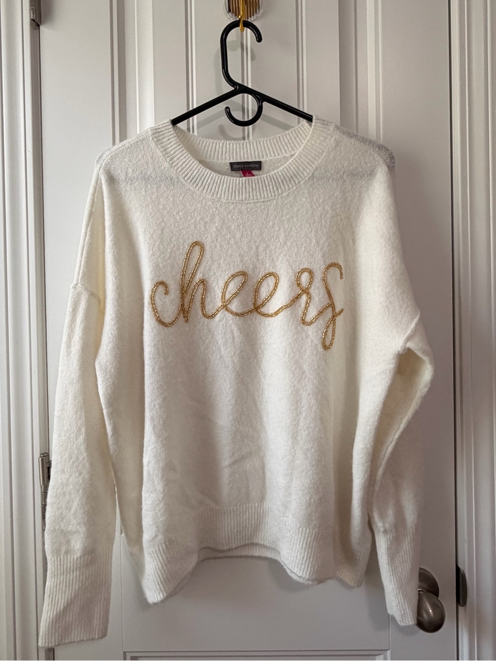 Vince Camuto White Sweater with Gold Beaded Script